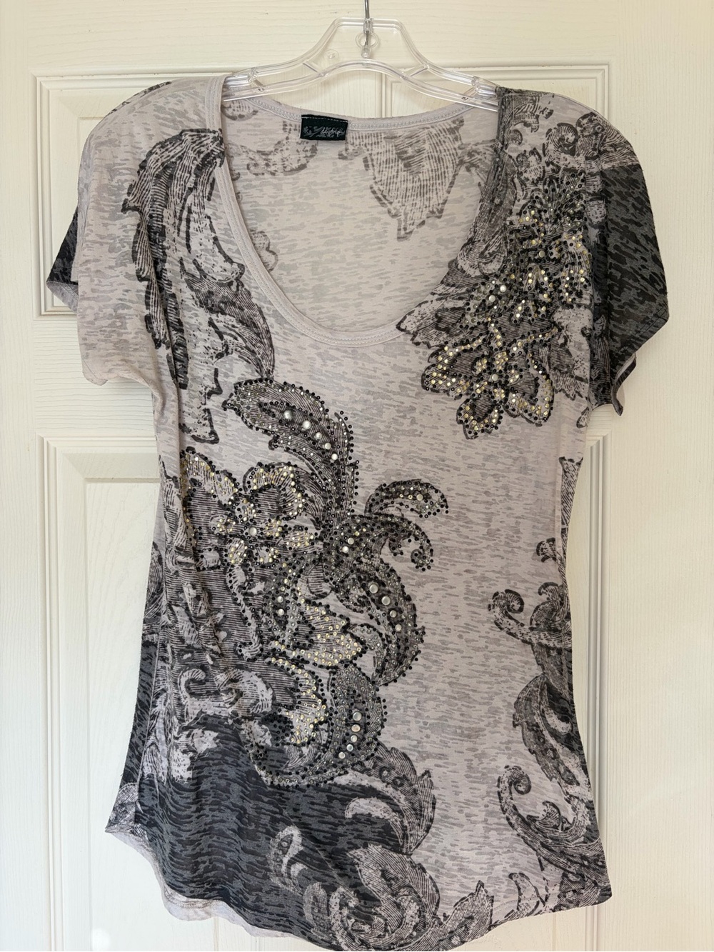 Daytrip Gray and Black Embellished Scoop Neck Short Sleeve Top